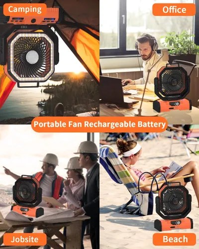 Vista 7 de ADUST Ventilador de campamento de 12 pulgadas, funciona con pilas, con linterna LED, ventilador oscilante portátil recargable de 44000 mAh