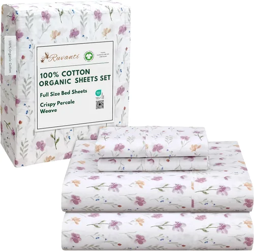 Vista 59 de RUVANTI Juego de sábanas de algodón orgánico 100% tamaño completo, tejido de percal, certificado GOTS, juego de 4 piezas, bolsillo profundo de 15