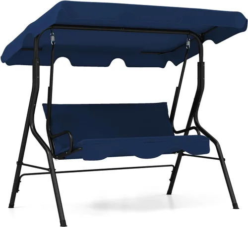 Vista 12 de RELAX4LIFE Silla columpio para porche para 3 personas, columpio para exteriores con toldo ajustable, cojín extraíble y soporte de marco de metal