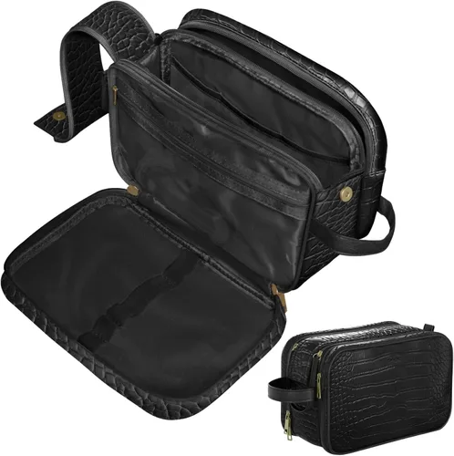 Vista 2 de Dot&Dot Neceser de cuero para hombres y mujeres – Espaciosas bolsas de artículos de tocador de viaje para mujer (cocodrilo negro)