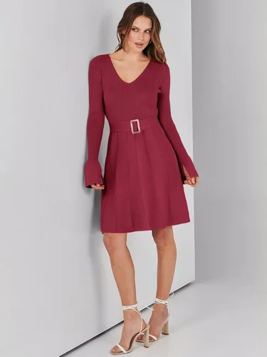 Vista 9 de ANRABESS Vestido tipo suéter de manga larga con cuello en V y lazo en la cintura, plisado, acampanado, elegante, de punto acanalado, vestido midi