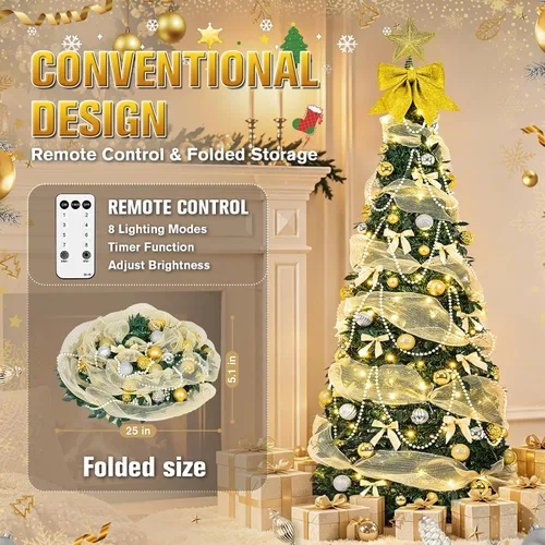 Vista 4 de Decoración de árbol de Navidad dorada preiluminada de 6 pies con Árbol artificial plegable con 150 luces LED cálidas, predecorado, fácil de montar