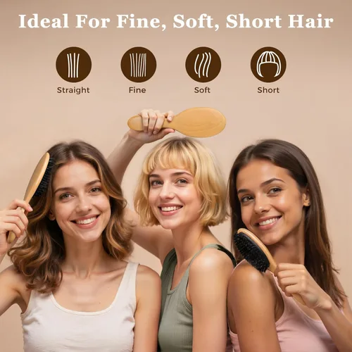 Vista 4 de BLACK EGG Cepillo de cerdas de jabalí para mujeres, hombres y niños, cerdas naturales suaves para cabello delgado y fino, restaura brillo y textura