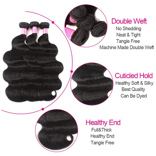 Vista 3 de Paquetes de Ondas Corporales con Cierre para Mujeres Negras (10 12 14+10) 100% Cabello Humano Brasileño de Ondas Corporales Sin Procesar 3 Paquetes