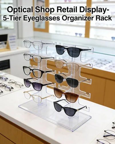 Vista 5 de MAGIKON Soporte de 5 capas para gafas, gafas, gafas de sol, soporte de exhibición de marco de moda (dos filas, transparente)