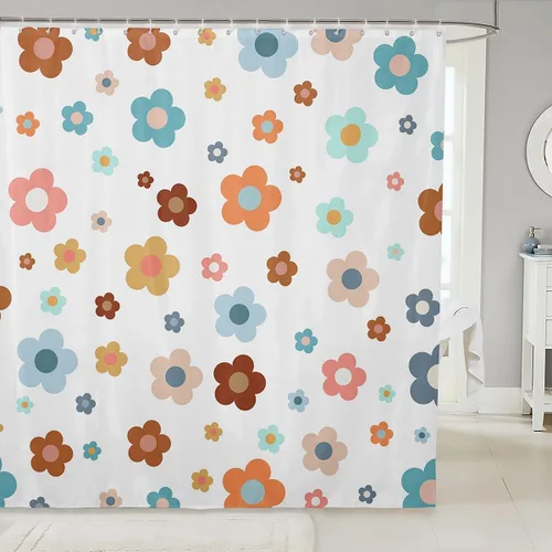 Vista 20 de Cortina de baño de flores de margarita para niños y niñas, cortina de ducha floral para decoración de baño, 72 x 72 pulgadas, retro, floral