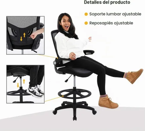 Vista 3 de BestOffice Silla de dibujo alta Negro Silla de oficina ergonómica