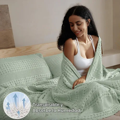 Vista 3 de PHF - Manta de punto gofre 100% algodón King, suave, ligera, transpirable, acogedora, de verano, para cama, tejida, estética, decoración del hogar