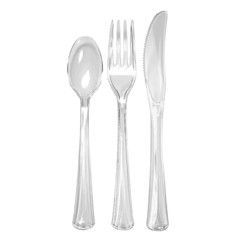 Vista 4 de Party Essentials Cubiertos combinados de plástico de lujo extra resistentes, color negro, 192 piezas (64 cuchillos, 64 tenedores, 64 cucharas)