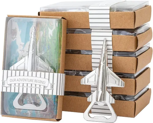 Vista 7 de Paquete de 50 abridores de botellas de avión para piloto/veteranos, viajes de aventura, baby shower, boda, fiesta de cumpleaños, regalos, Dorado