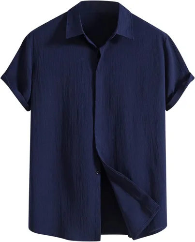 Vista 8 de Camisas de manga corta con botones de algodón y lino para hombre, estilo cubano, campamento, guayabera, playeras ligeras para verano