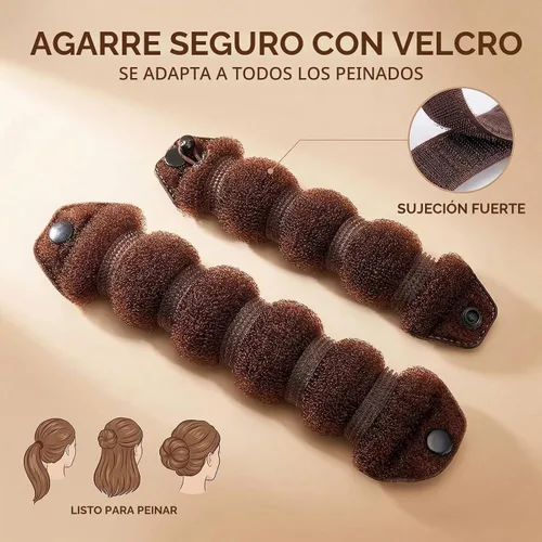 Vista 4 de Rosquilla de pelo mágica para formar rodetes, 3 piezas (1 grande y 2 pequeñas), con clip, Marrón