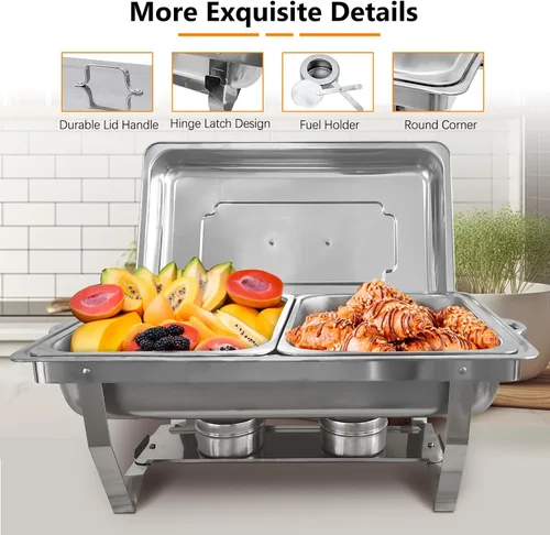 Vista 5 de Juego de 2 platos de bufé de roce de acero inoxidable de tamaño medio de 8 cuartos de galón para catering, juegos mejorados de chafers