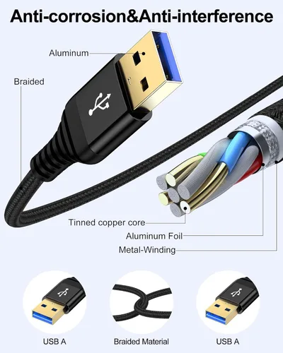 Vista 2 de Cable USB a USB de 6 pies, macho a macho, cable USB A a USB A para discos duros WD, PC, Mac, laptop, PS4, Xbox, USB 3.0 tipo A, impresora, cable
