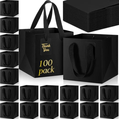 Vista 16 de Windyun 25 mini bolsas de regalo de papel con asa de 6 x 6 x 6 pulgadas, pequeñas bolsas cuadradas con etiqueta de agradecimiento para Navidad