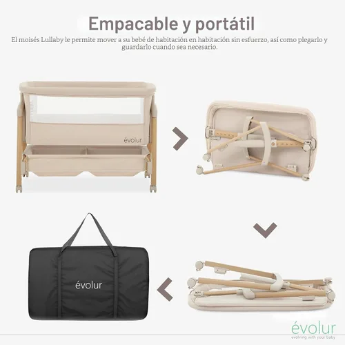 Vista 6 de évolur Cuna portátil con ruedas, moisés ajustable para el lado de la cama, lados de malla transpirable, canastilla de almacenamiento grande, fácil