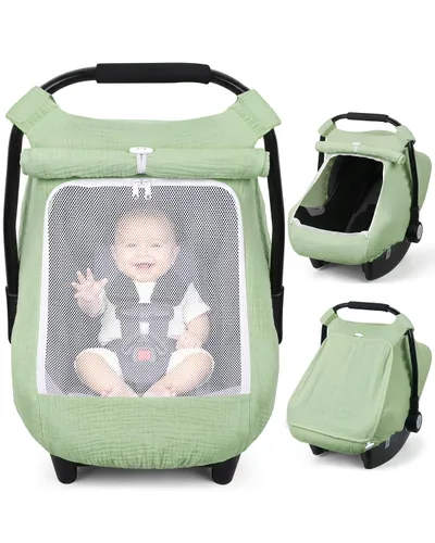 Vista 9 de Rquite Funda de asiento de automóvil para bebé, niña, niño, 100% muselina de algodón, toldo transpirable a prueba de viento con ventana de malla