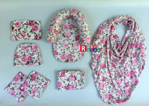 Vista 4 de Juego de 9 piezas de funda para asiento de coche infantil, cubierta para reposacabezas, sombrero, bufanda de enfermería, 25JE01