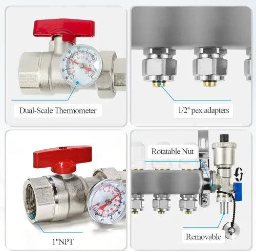 Vista 2 de AB Colector PEX de 2 bucles/radiante, salidas compatibles de 1/2 pulgada, válvula de flujo de hasta 1.4 GPM para calefacción radiante hidrónica