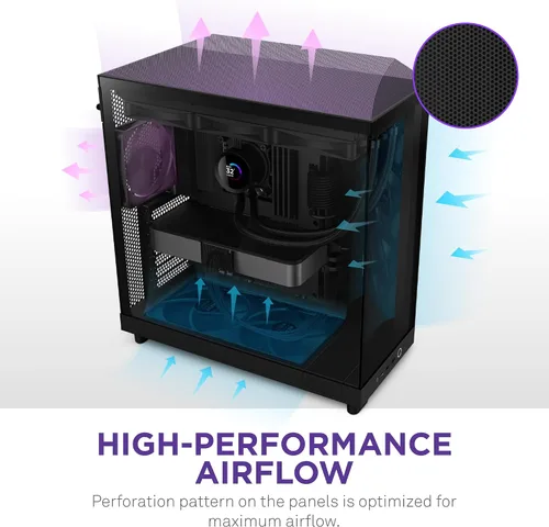 Vista 5 de NZXT H6 Flow CC-H61FB-01 Carcasa compacta de doble cámara de torre media con flujo de aire Paneles de vidrio panorámicos Paneles de flujo