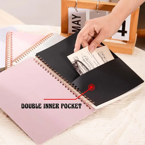 Vista 5 de MGGAO Cuaderno de espiral A5, paquete de 5 cuadernos rayados, con doble bolsillo, diarios en espiral para escribir, 0.315 in de ancho a rayas