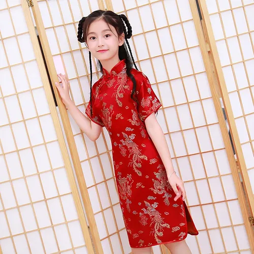 Vista 5 de Qwent Vestido chino de las muchachas de los niños de manga corta levantarse cuello plateado hebilla chino cheongsam vestido chino para las niñas