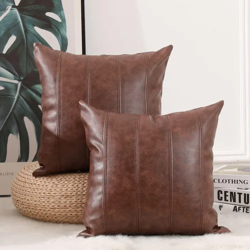 Vista 7 de Yaertun Juego de 2 fundas de almohada decorativas de piel sintética a rayas, modernas y sólidas, fundas de cojín para exteriores, fundas de almohada