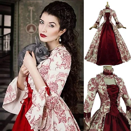 Vista 3 de PBNBP Trajes de Halloween para mujeres y niñas, manga corta acampanada, cuello Sabrina, vestido medieval, corsé irlandés, disfraz renacentista