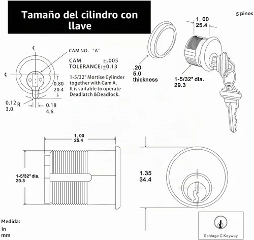 Vista 6 de elox Cilindro con llave de zinc y 1 cilindro de perilla para Adams Rite Commercial Storefront Door Lock a Pair Pack AL