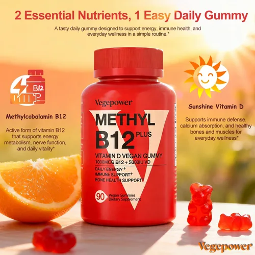 Vista 2 de Gomitas veganas de vitamina D3 y B12, suplemento de metilo B12 para adultos y niños, mejorado con vitamina D 3 para energía natural, inmune