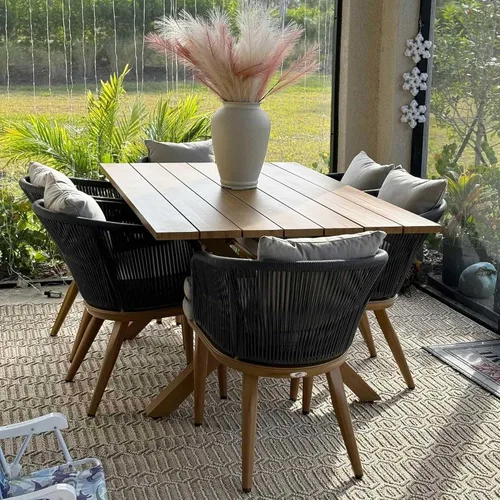 Vista 37 de PURPLE LEAF Juego de muebles para patio de 7 piezas, juego de mesa y sillas de mimbre para exteriores, marco rectangular de aluminio para jardín