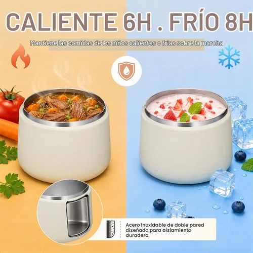 Vista 4 de Tarro aislado al vacío de 14 onzas con tapa de hebilla, termo de sopa para niños de comida caliente, boca ancha, a prueba de fugas, de acero Beige