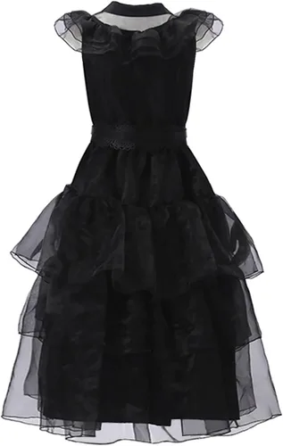 Vista 5 de Disfraz de Miércoles Familiar para mujer, estilo gótico, vintage, negro, vestido de baile de cuervo negro, falda de encaje de tul, traje de fiesta