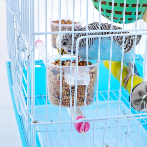 Vista 2 de Paquete de 9 comederos pequeños para alimentos y agua para pájaros, recipiente para colgar, práctico recipiente para colgar, plato de alimentación