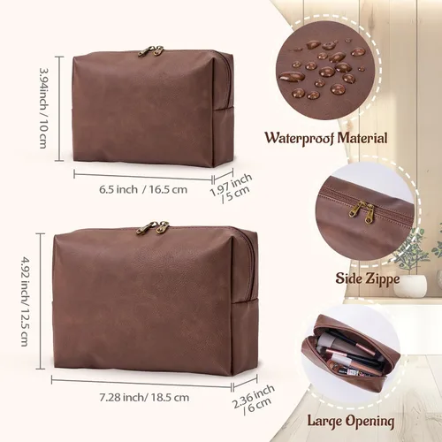 Vista 5 de Bolsa de cosméticos personalizada pequeña pana maquillaje bolsa de viaje organizador de cepillos de almacenamiento, Marrón