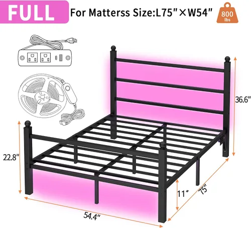Vista 2 de CLIBFENG Base de cama de tamaño matrimonial con cabecero y estribo, soporte de listones de acero, marco de cama LED con estación de carga, base