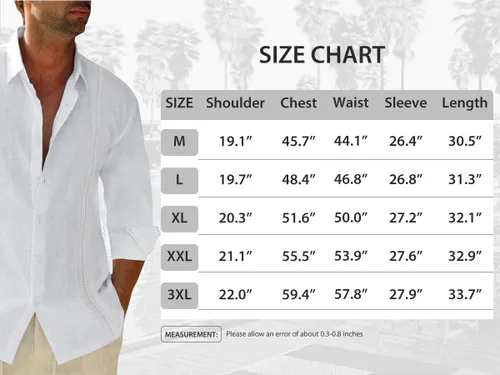 Vista 6 de JEKAOYI Camisas de lino con botones para hombre, estilo casual, manga larga, ajuste regular, de algodón, con bolsillo