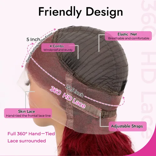 Vista 7 de IUPin Peluca de cabello humano color burdeos 360 con encaje frontal, pelucas de cabello humano 99J ondulado con correa oculta, sin pegamento Peluca