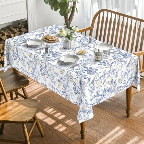 Vista 2 de Horaldaily Mantel Chinoiserie de 52 x 70 pulgadas, rectangular, moderno de temporada, diseño de flores de pavo real, con pompones, lavable