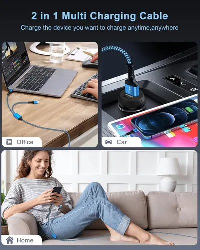 Vista 6 de MultIi - Cable de carga USB C y Lightning 2 en 1, cable de carga USB trenzado de nailon de 4 pies con puerto tipo C/Lightning para iPhone 17, 16