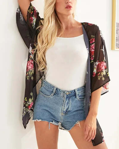 Vista 5 de Cárdigan estilo kimono con estampado floral para mujer, con mangas abullonadas, blusa informal, salida de baño