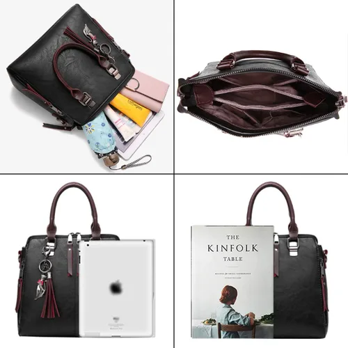 Vista 4 de Dayfine Bolso de mano de cuero para mujer, bolso de mano con asa superior, bolso de hombro con cremallera, bolso cruzado, lindo colgante de gato