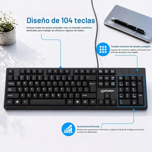 Vista 4 de Manhattan Teclado de computadora con cable – Teclado negro básico – con cable USB-A de 4.5 pies, 104 teclas, soportes plegables – Compatible