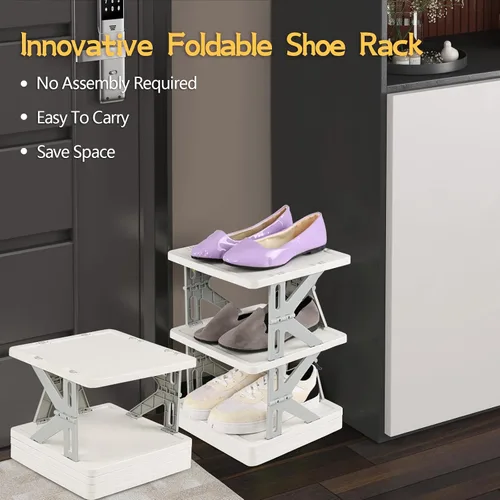 Vista 5 de Organizador de almacenamiento de zapatos estrecho vertical de 5 niveles para ahorrar espacio, zapatero plegable pequeño de plástico gris