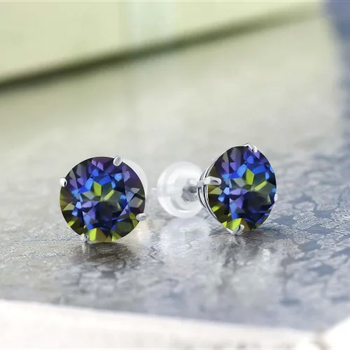 Vista 2 de Gem Stone King Aretes de oro blanco sólido de 14 quilates con piedra natal redonda de 0.315 in Aretes de oro con respaldo cómodo para mujer