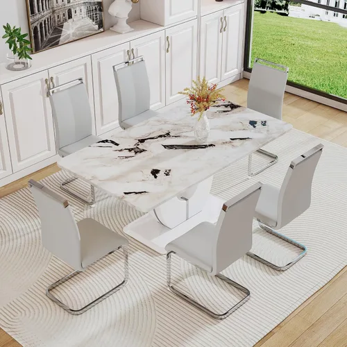 Vista 115 de JUFU Juego de mesa de comedor moderno para 4, juego de mesa de cocina rectangular de 63 pulgadas con mesa de mármol sintético y 4 sillas tapizadas
