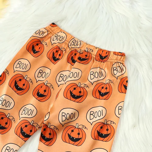 Vista 6 de Pijamas de Halloween para niños y niñas pequeñas, pijamas de seda de calabaza, manga larga, con botones, pantalones y 2 piezas