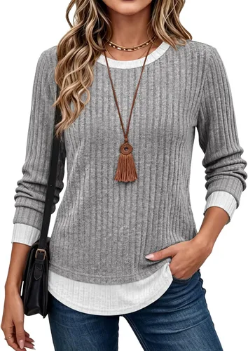 Vista 7 de WIHOLL Camisas de manga larga para mujer, trajes de otoño, suéteres ligeros Negro - blanco