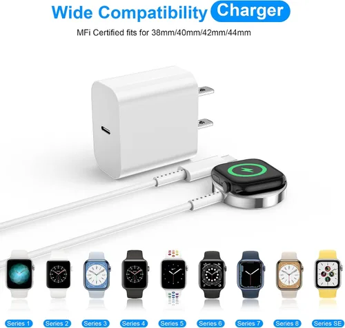 Vista 2 de Cargador de Apple Watch Fast Smart iWatch [certificado Apple MFi], cable de carga magnético de 3 pies con bloque de cargador de pared USB C