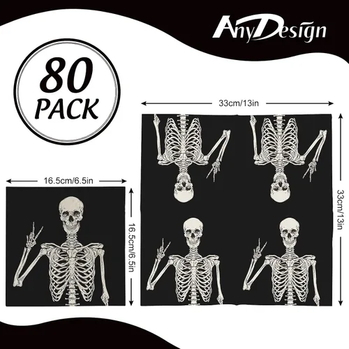 Vista 2 de AnyDesign Paquete de 80 servilletas de papel de calavera desechables de Halloween, servilletas de almuerzo de esqueleto sonriente, decoración